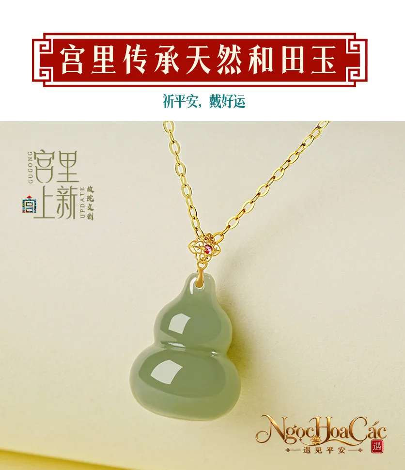 Mặt dây hồ lô ngọc Hòa Điền bọc vàng 18K Phúc Trạch Mãn Doanh Cung Lý