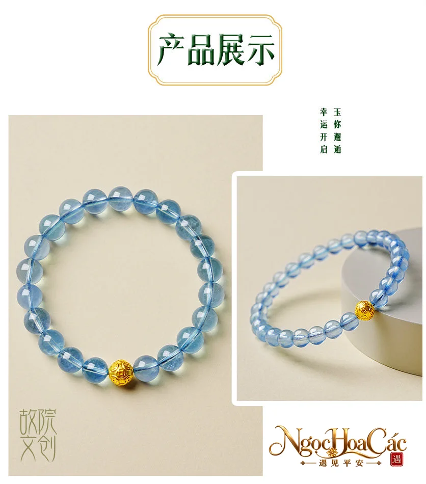 Vòng tay aquamarine phối hạt vàng 999 Tài Nguyên Cổn Cổn Cung Lý