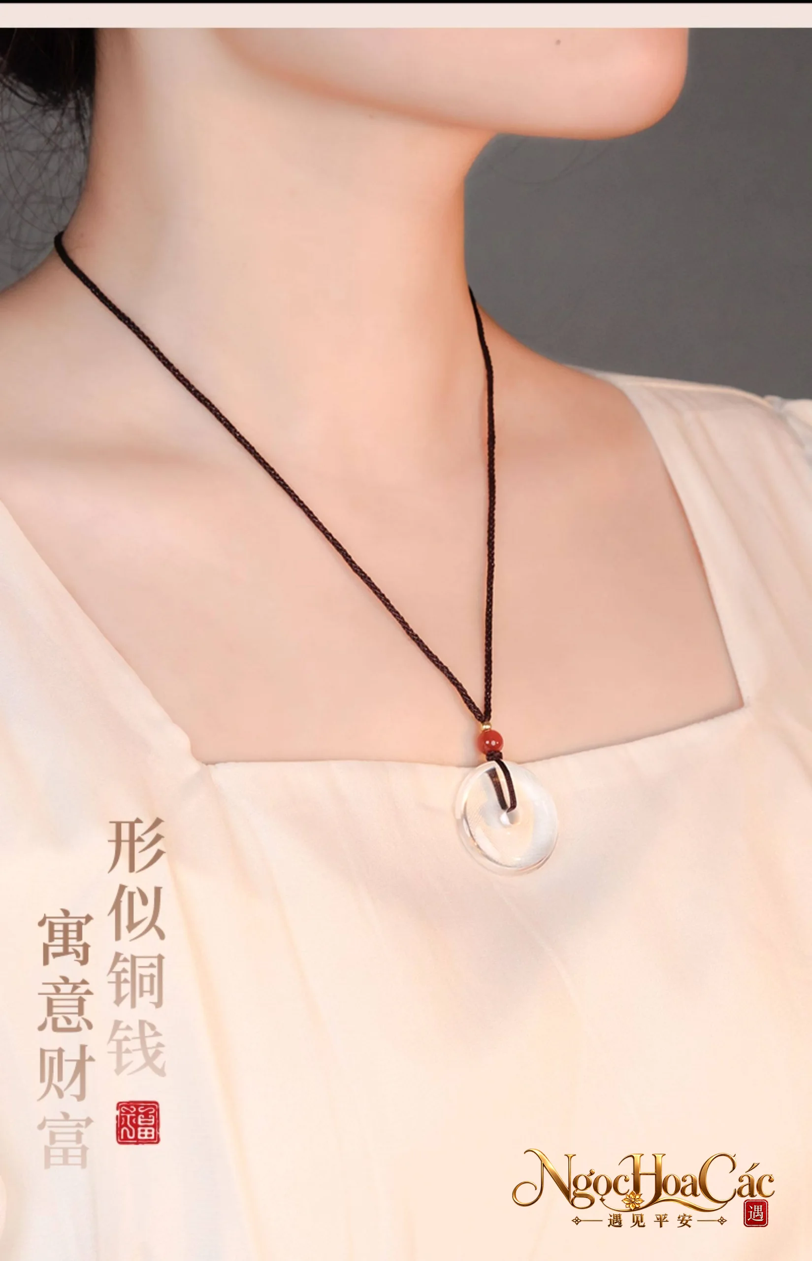 Mặt dây khấu bình an & dây chuyền thạch anh trắng Đông Hải