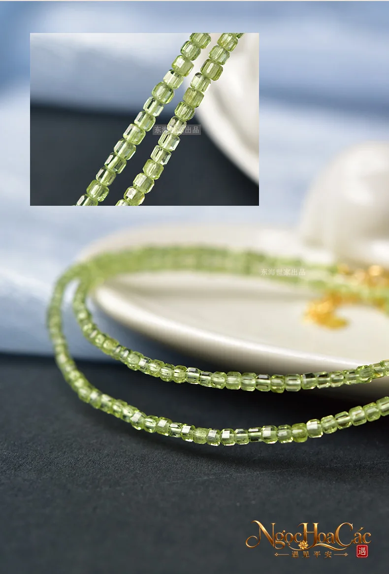 Dây chuyền peridot hạt vuông 2mm Đông Hải