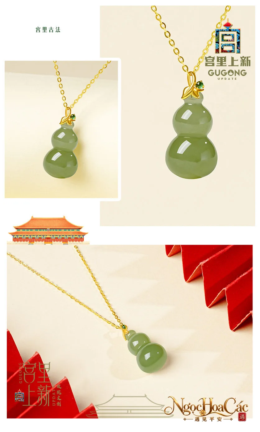 Mặt dây hồ lô ngọc Hòa Điền bọc vàng 18K Kim Chi Ngọc Phúc Cung Lý