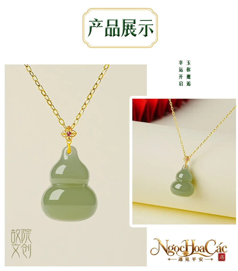 Mặt dây hồ lô ngọc Hòa Điền bọc vàng 18K Phúc Trạch Mãn Doanh Cung Lý