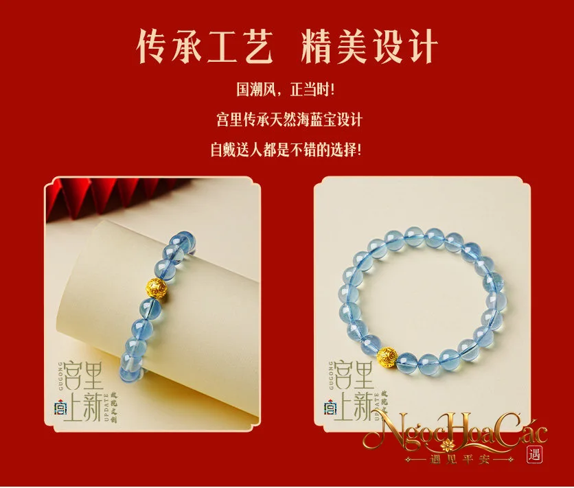 Vòng tay aquamarine phối hạt vàng 999 Tài Nguyên Cổn Cổn Cung Lý