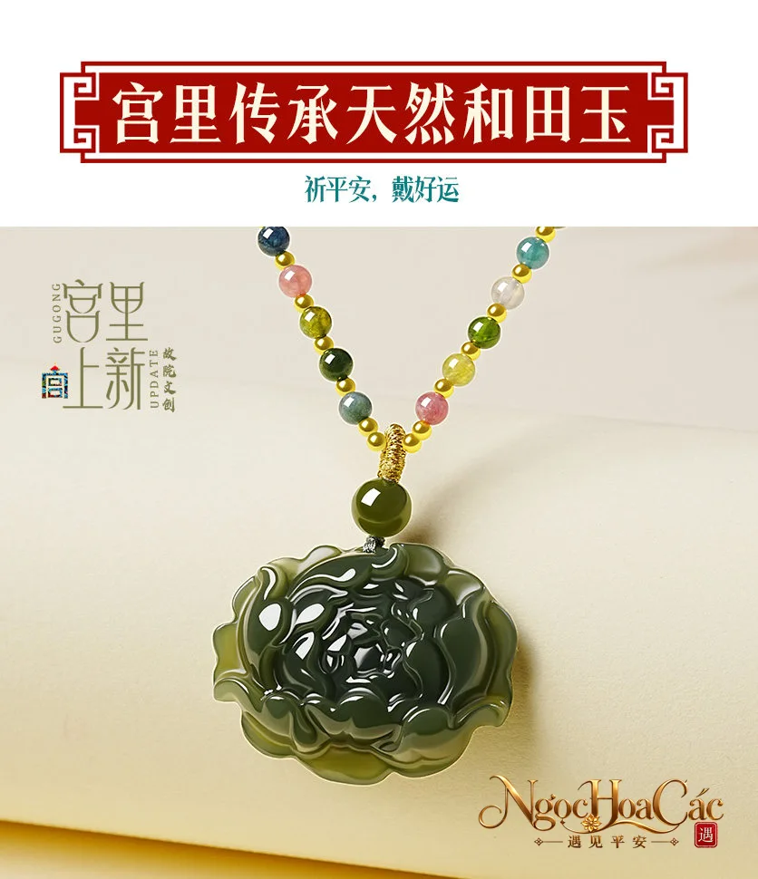 Mặt dây ngọc Hòa Điền hoa sen Khỉ La Hương Cung Lý