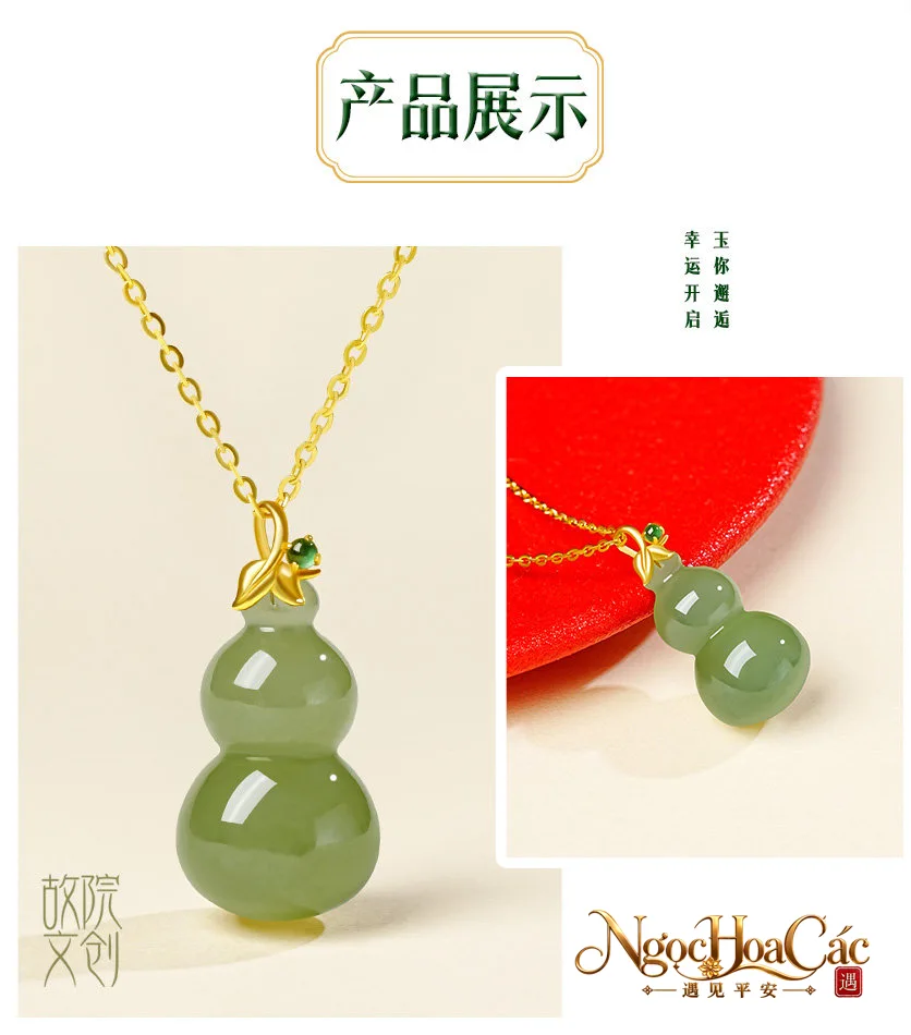 Mặt dây hồ lô ngọc Hòa Điền bọc vàng 18K Kim Chi Ngọc Phúc Cung Lý