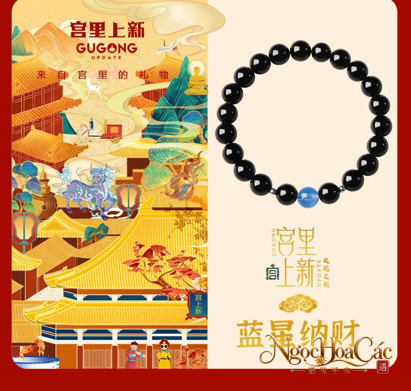 Vòng tay obsidian phối aquamarine Lam Tinh Nạp Tài Cung Lý