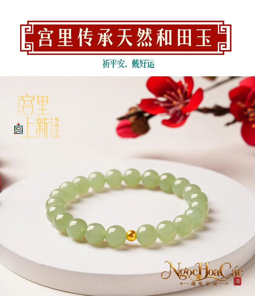 Vòng tay ngọc Hòa Điền thanh thủy phối hạt vàng Thanh Vân Cung Lý