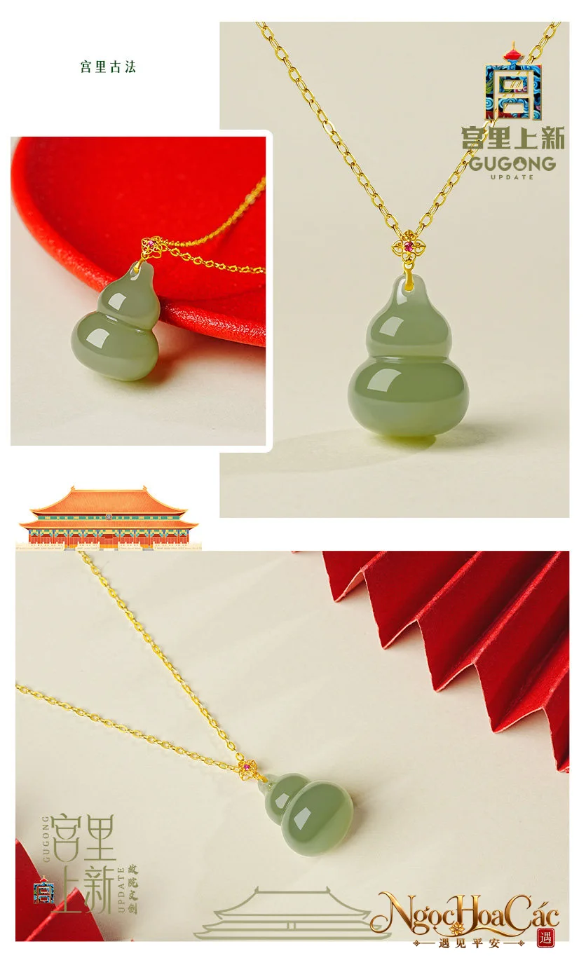 Mặt dây hồ lô ngọc Hòa Điền bọc vàng 18K Phúc Trạch Mãn Doanh Cung Lý