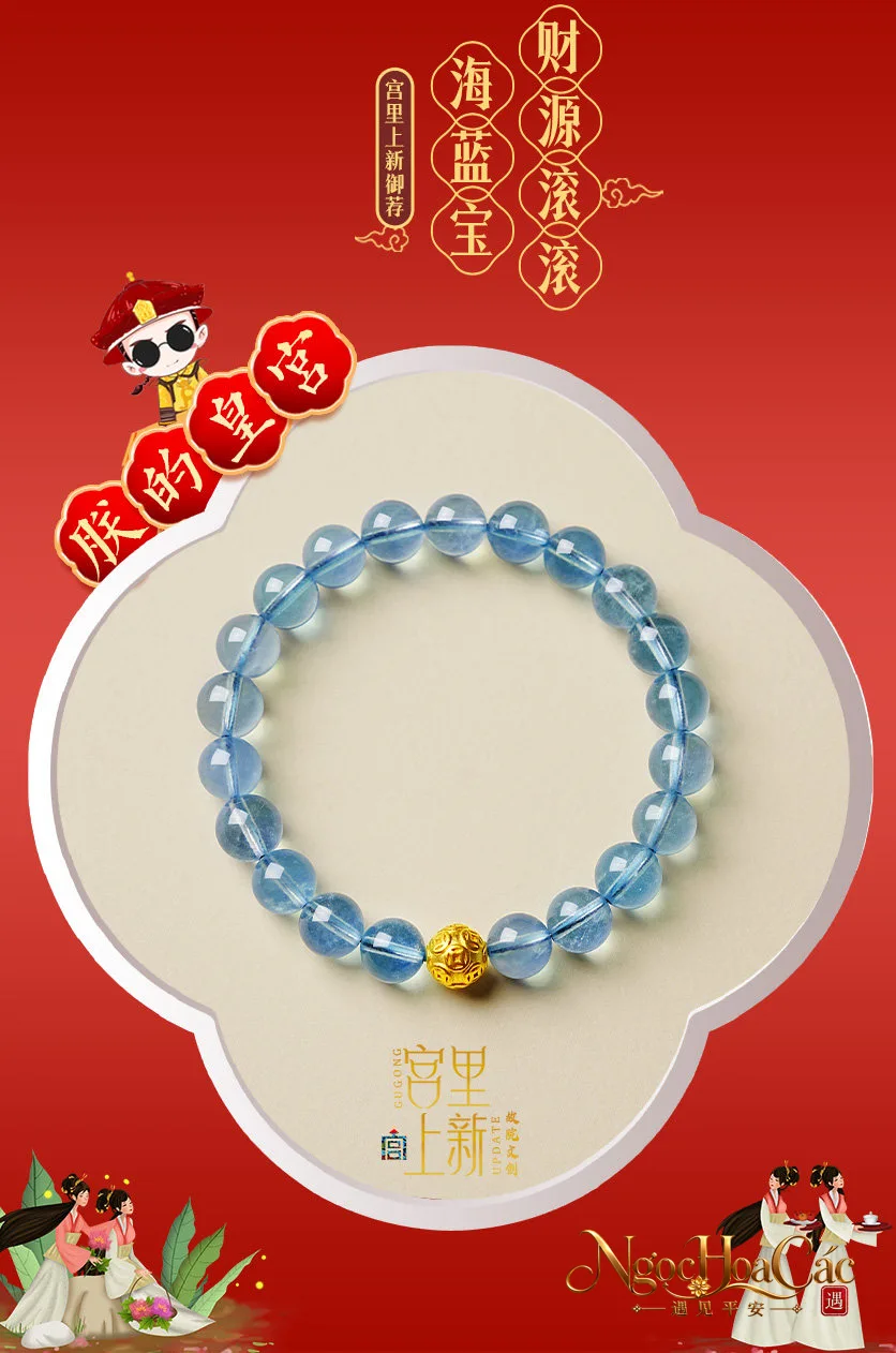 Vòng tay aquamarine phối hạt vàng 999 Tài Nguyên Cổn Cổn Cung Lý