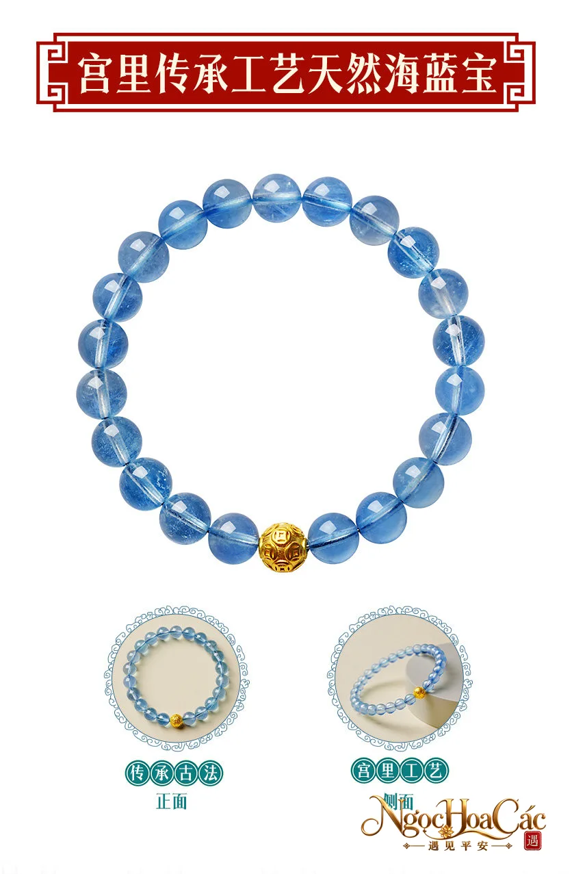 Vòng tay aquamarine phối hạt vàng 999 Tài Nguyên Cổn Cổn Cung Lý
