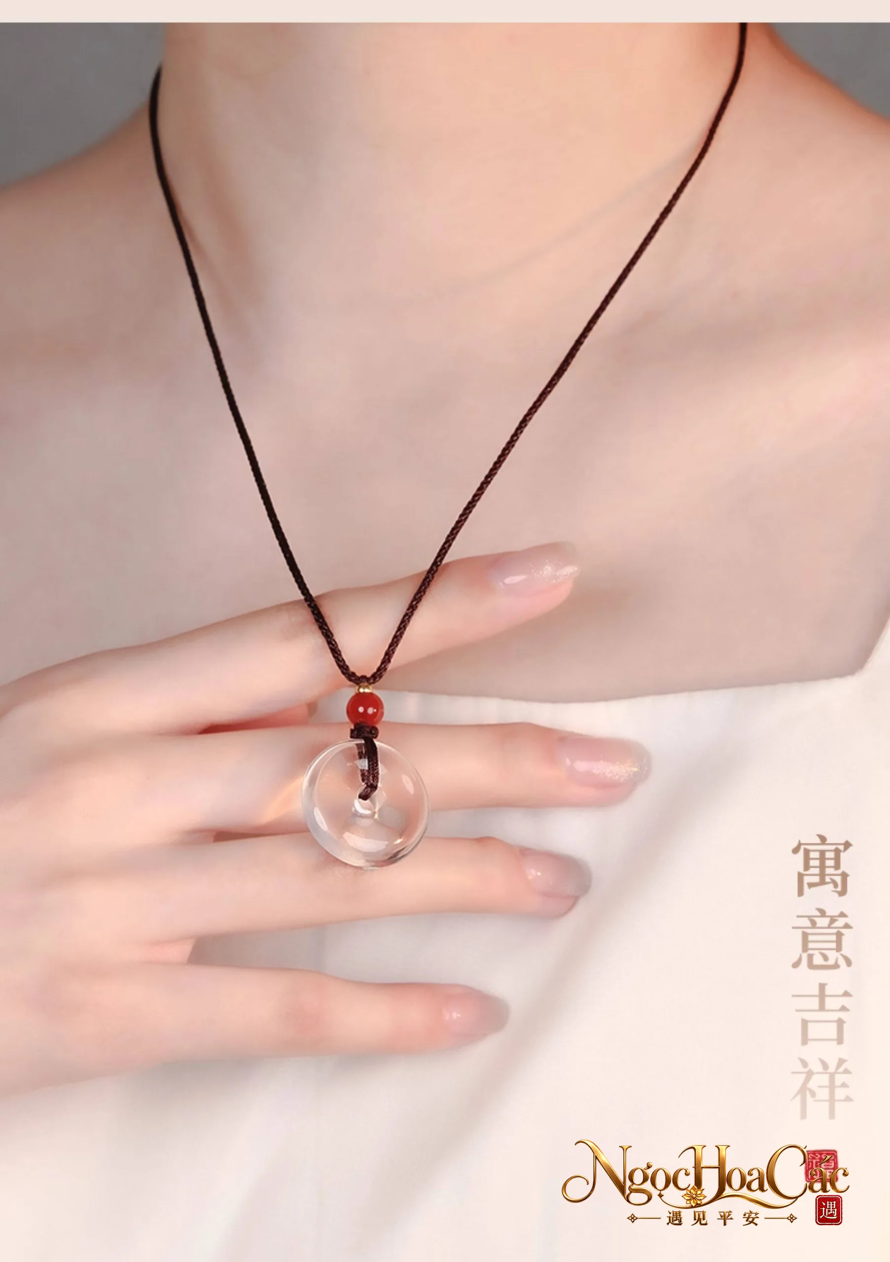 Mặt dây khấu bình an & dây chuyền thạch anh trắng Đông Hải