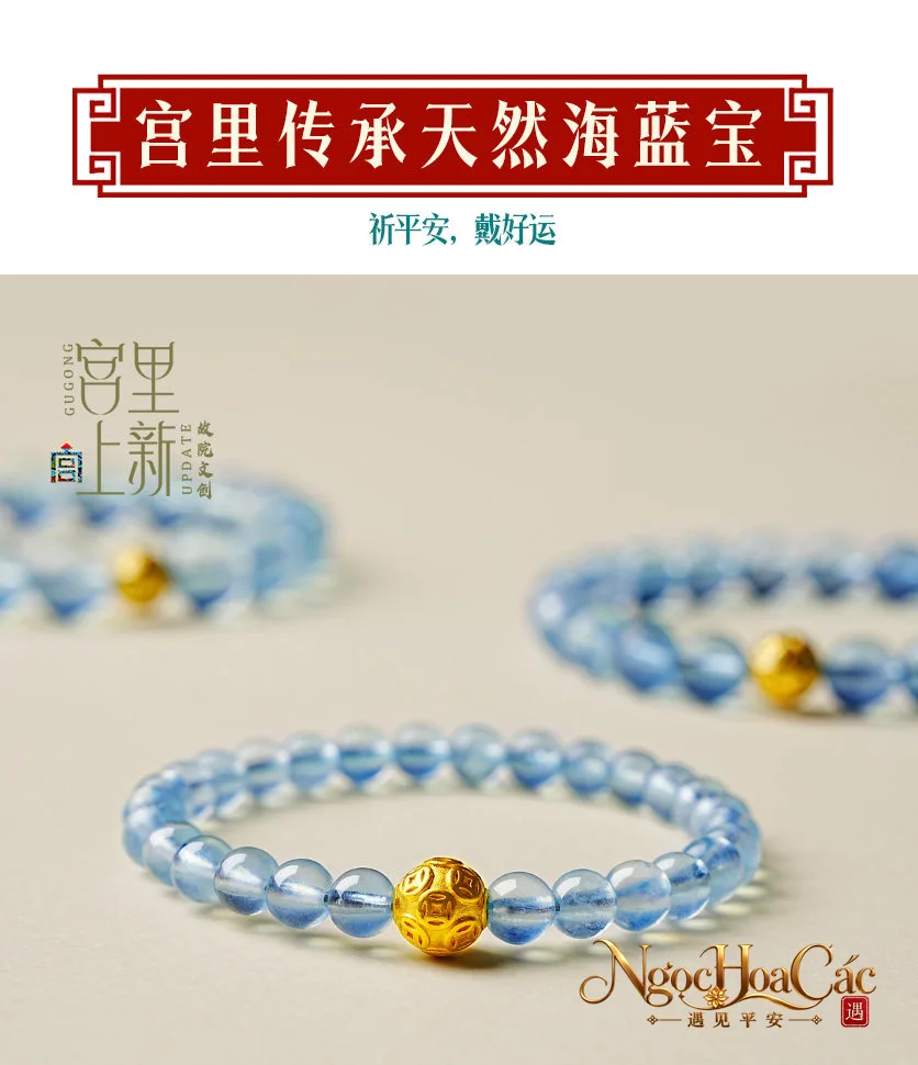 Vòng tay aquamarine phối hạt vàng 999 Tài Nguyên Cổn Cổn Cung Lý