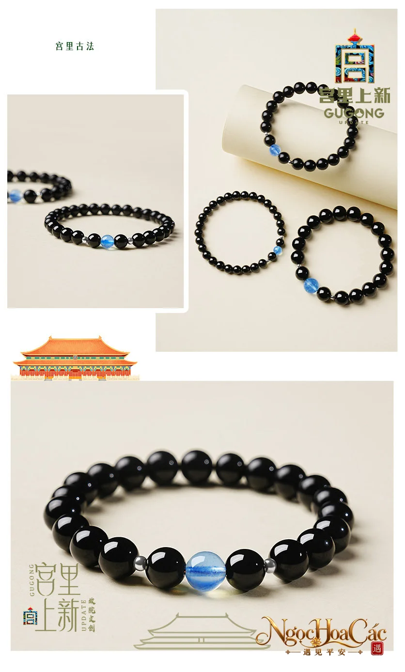 Vòng tay obsidian phối aquamarine Lam Tinh Nạp Tài Cung Lý