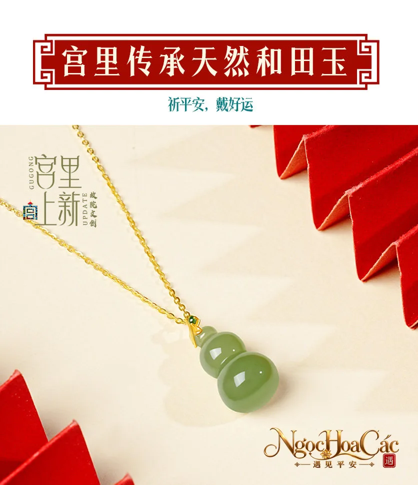Mặt dây hồ lô ngọc Hòa Điền bọc vàng 18K Kim Chi Ngọc Phúc Cung Lý