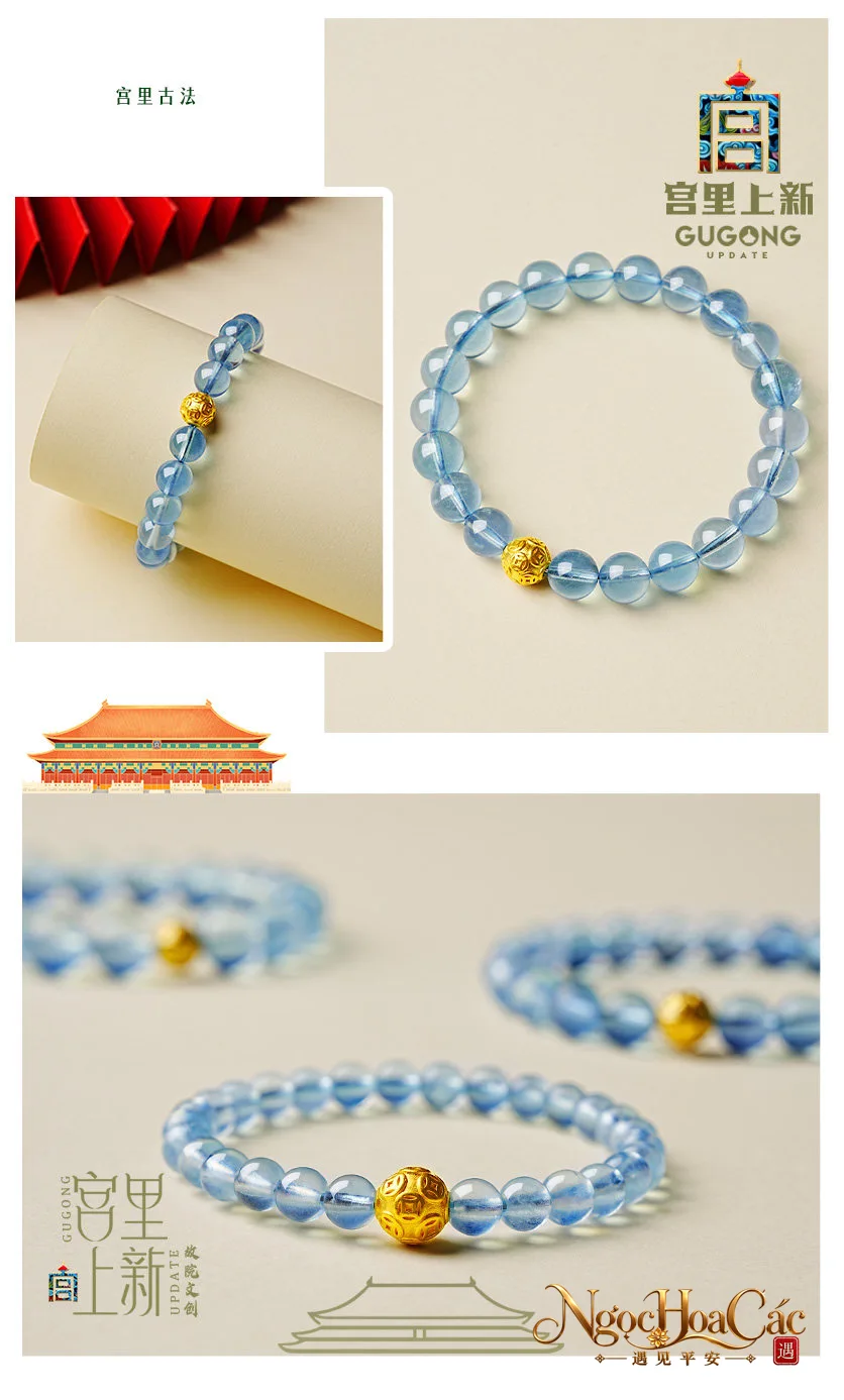 Vòng tay aquamarine phối hạt vàng 999 Tài Nguyên Cổn Cổn Cung Lý